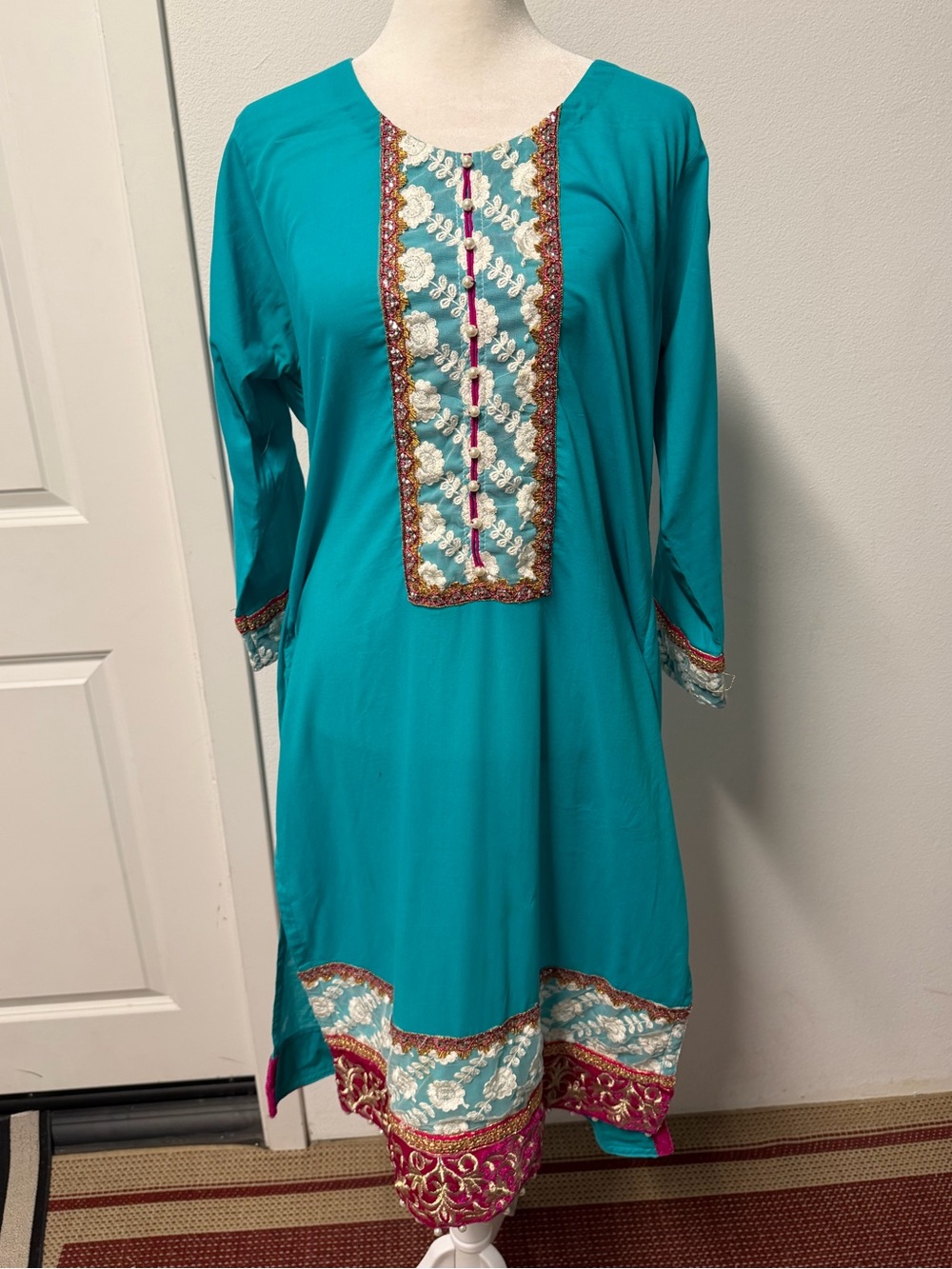 Handmade Teal Pakistani Kurta Embroidered Pearl Detail Thick Fabric 21x42